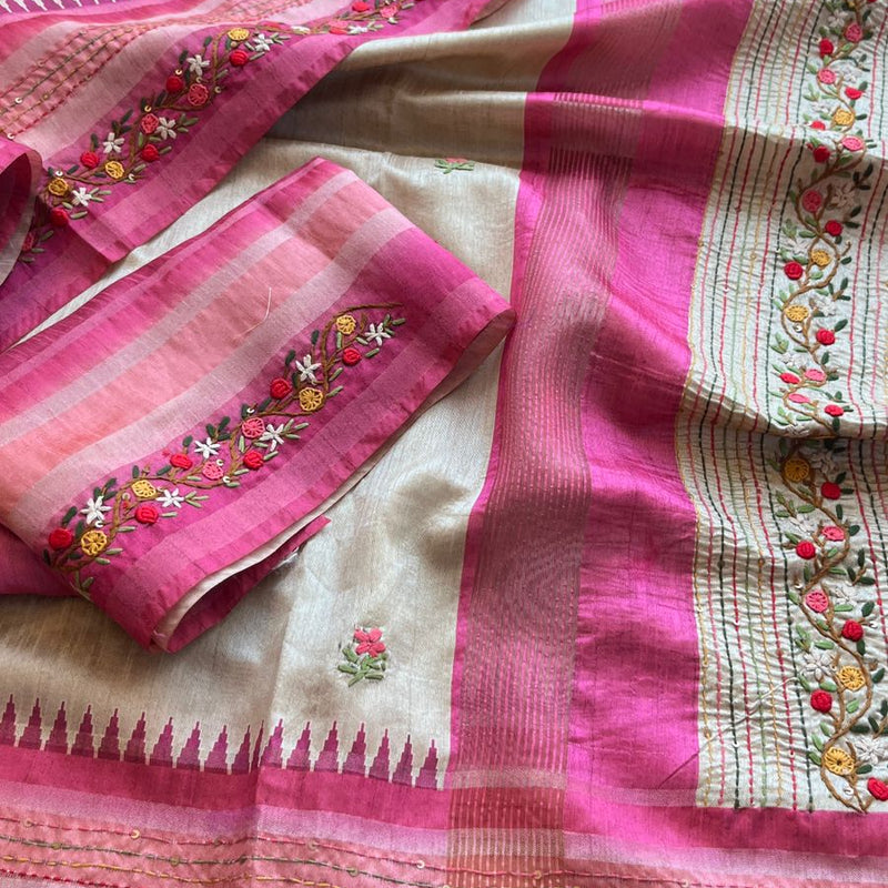Pure Tussar Linen Silk Saree with Hand Knot & Katha Work
