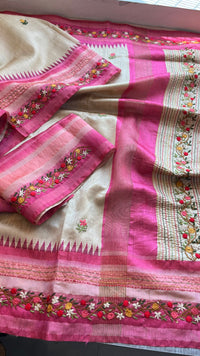 Pure Tussar Linen Silk Saree with Hand Knot & Katha Work