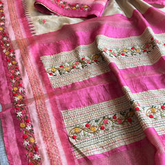 Pure Tussar Linen Silk Saree with Hand Knot & Katha Work