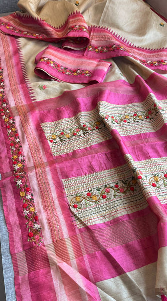 Pure Tussar Linen Silk Saree with Hand Knot & Katha Work