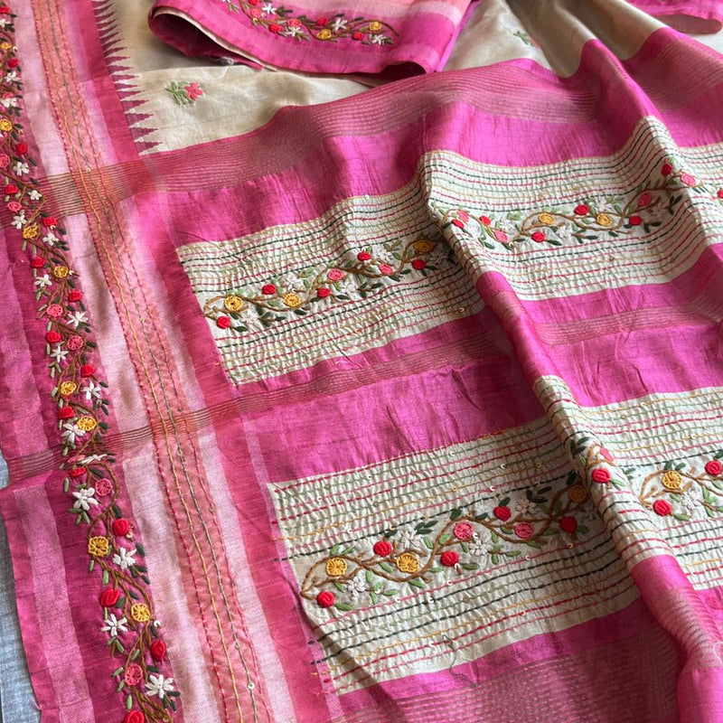 Pure Tussar Linen Silk Saree with Hand Knot & Katha Work