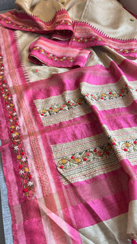 Pure Tussar Linen Silk Saree with Hand Knot & Katha Work