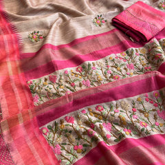 Pure Tussar Linen Silk Saree with Hand Knot & Katha Work
