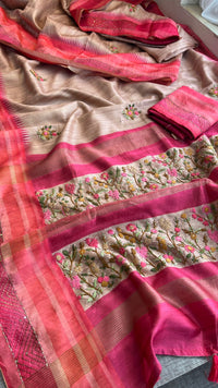 Pure Tussar Linen Silk Saree with Hand Knot & Katha Work