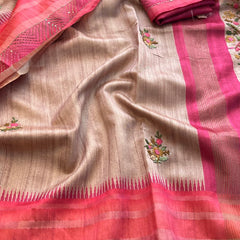 Pure Tussar Linen Silk Saree with Hand Knot & Katha Work