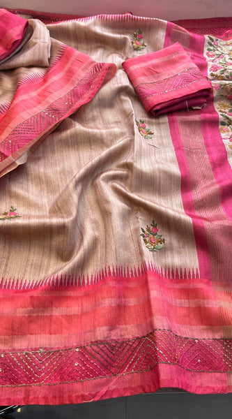 Pure Tussar Linen Silk Saree with Hand Knot & Katha Work