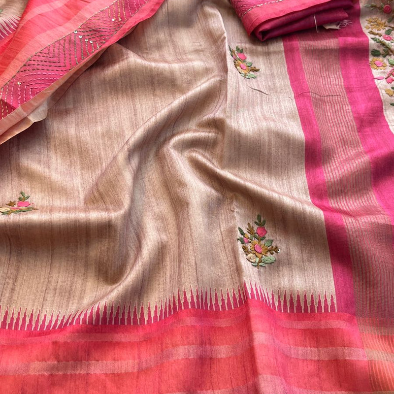 Pure Tussar Linen Silk Saree with Hand Knot & Katha Work