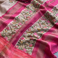 Pure Tussar Linen Silk Saree with Hand Knot & Katha Work