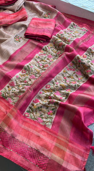 Pure Tussar Linen Silk Saree with Hand Knot & Katha Work