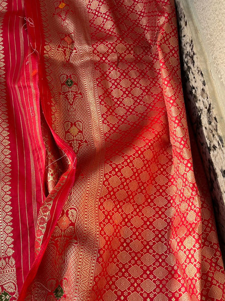 Pure Katan Silk Saree with Zari Weaving & Meena Jaal Pattern