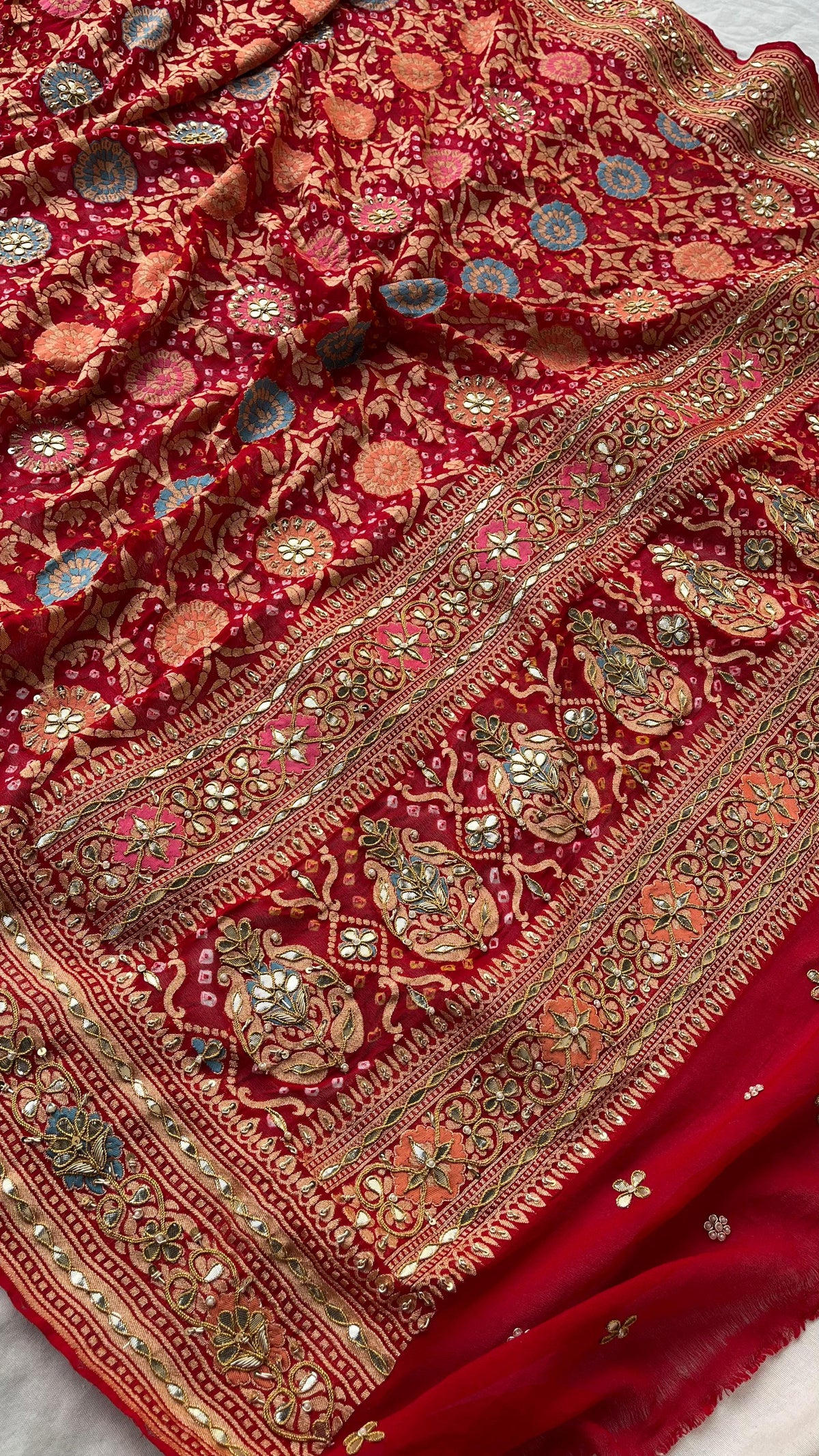 Pure Khaddi Georgette Dupatta with Handcrafted Gotta Patti & Heavy Zardozi Work