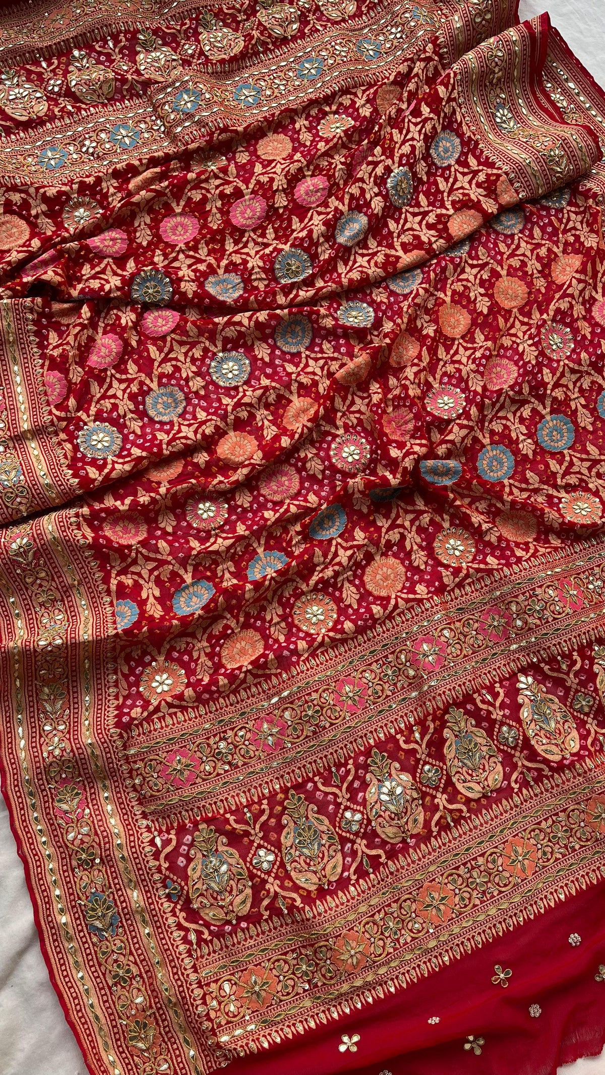 Pure Khaddi Georgette Dupatta with Handcrafted Gotta Patti & Heavy Zardozi Work