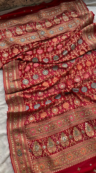 Pure Khaddi Georgette Dupatta with Handcrafted Gotta Patti & Heavy Zardozi Work