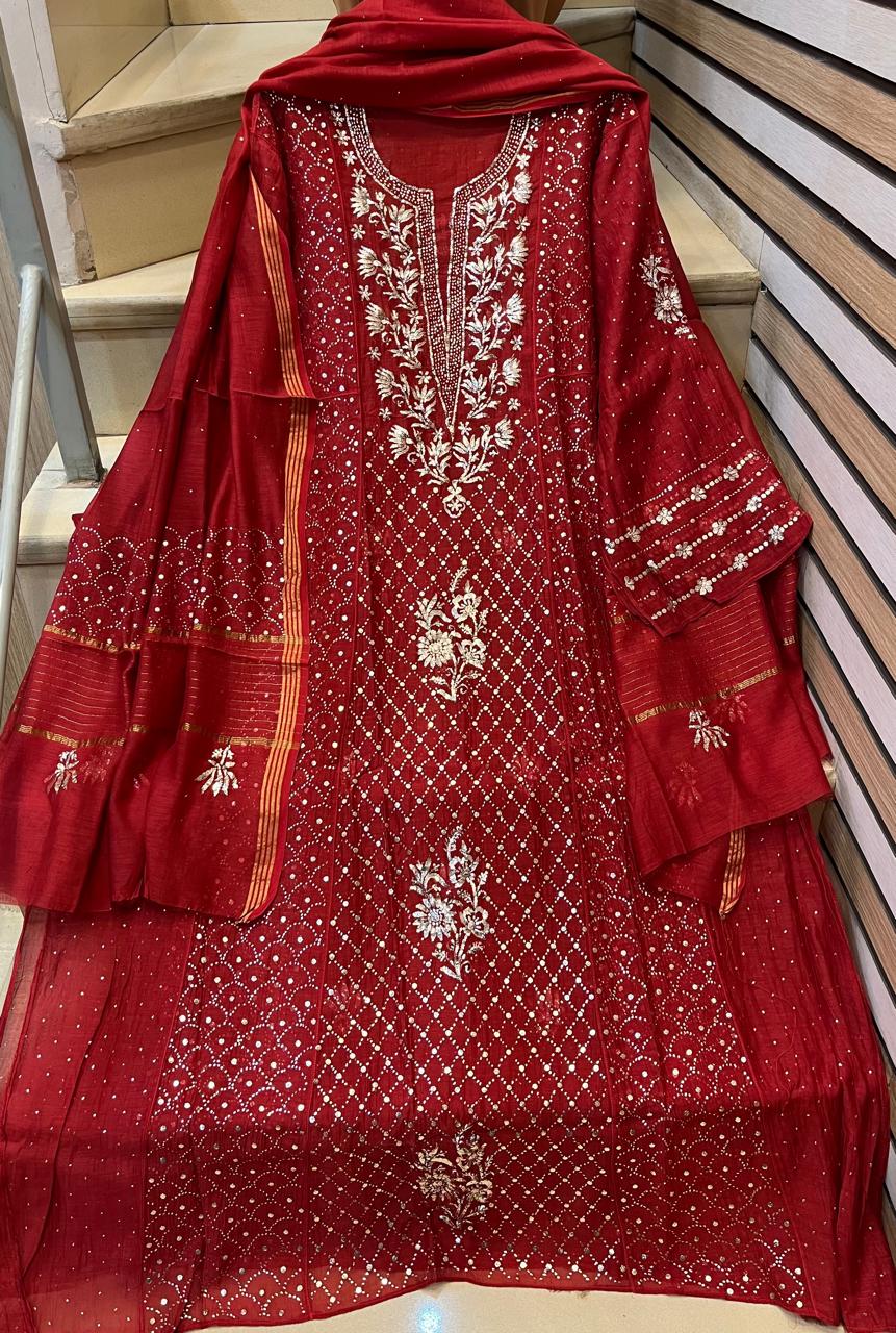 Mul Chanderi Kalidar Kurta Dupatta Set - Semi-Stitched Elegance