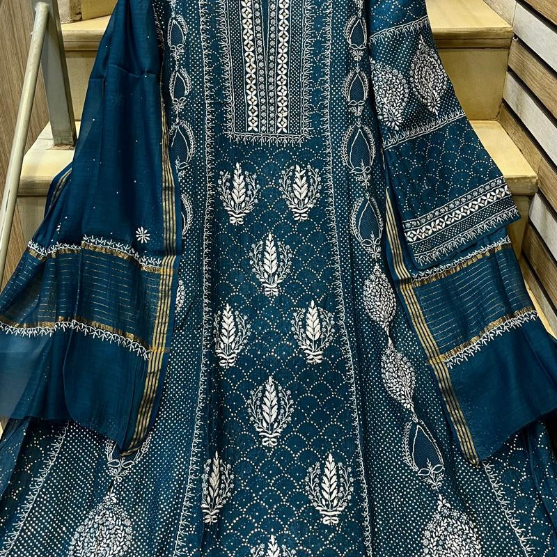 Mul Chanderi Kalidar Kurta Dupatta Set - Semi-Stitched Elegance