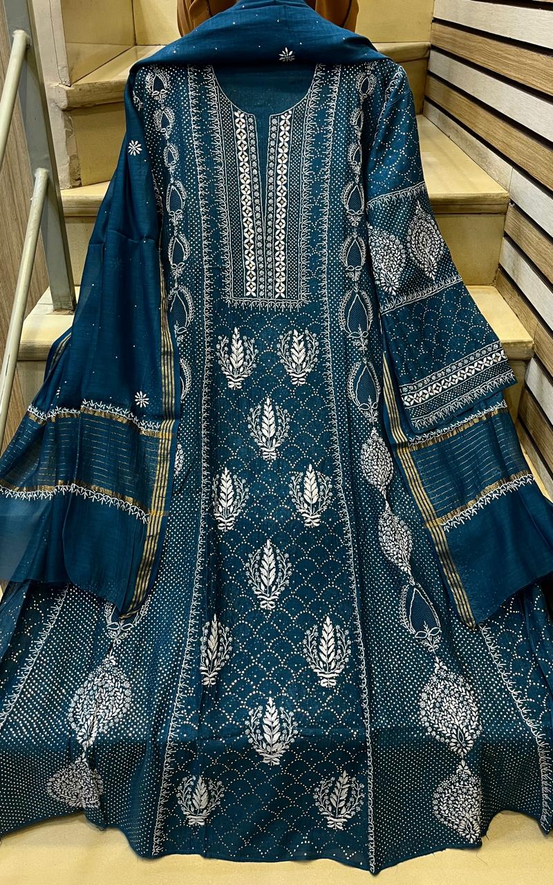 Mul Chanderi Kalidar Kurta Dupatta Set - Semi-Stitched Elegance