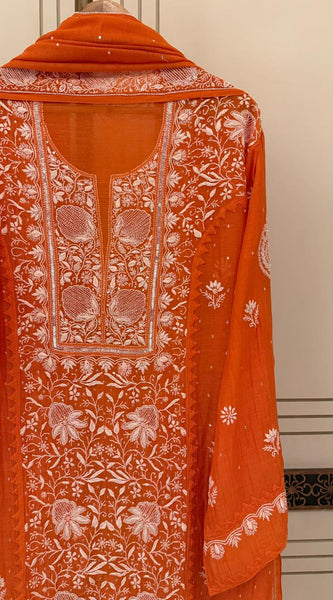 Mul Chanderi Semi-Stitched Kurta Dupatta Set with Pearl, Sequin & Katdana Work