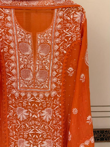 Mul Chanderi Semi-Stitched Kurta Dupatta Set with Pearl, Sequin & Katdana Work