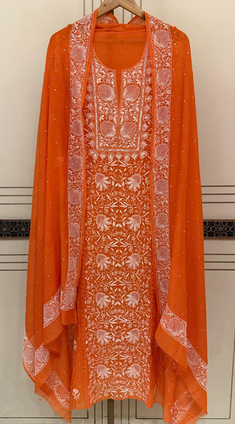 Mul Chanderi Semi-Stitched Kurta Dupatta Set with Pearl, Sequin & Katdana Work