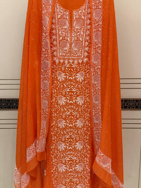 Mul Chanderi Semi-Stitched Kurta Dupatta Set with Pearl, Sequin & Katdana Work