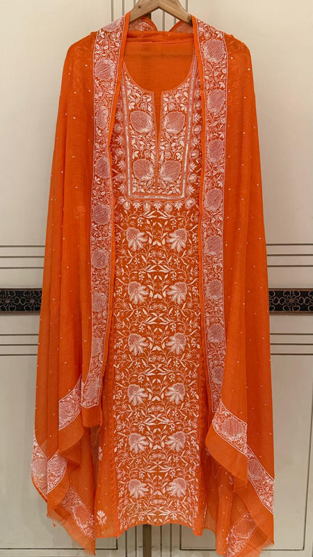 Mul Chanderi Semi-Stitched Kurta Dupatta Set with Pearl, Sequin & Katdana Work