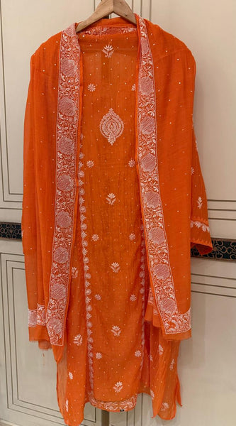 Mul Chanderi Semi-Stitched Kurta Dupatta Set with Pearl, Sequin & Katdana Work