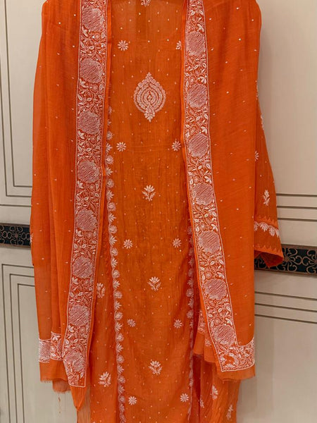 Mul Chanderi Semi-Stitched Kurta Dupatta Set with Pearl, Sequin & Katdana Work