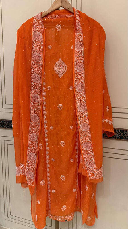 Mul Chanderi Semi-Stitched Kurta Dupatta Set with Pearl, Sequin & Katdana Work