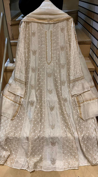 Pure Chanderi Anarkali Kurta Dupatta Set with Pearl, Sequin, Katdana & Kasab Work