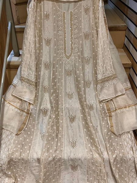 Pure Chanderi Anarkali Kurta Dupatta Set with Pearl, Sequin, Katdana & Kasab Work