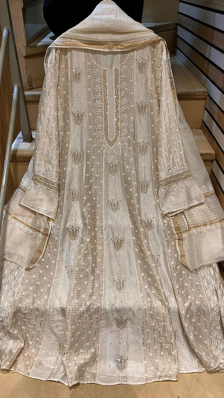 Pure Chanderi Anarkali Kurta Dupatta Set with Pearl, Sequin, Katdana & Kasab Work