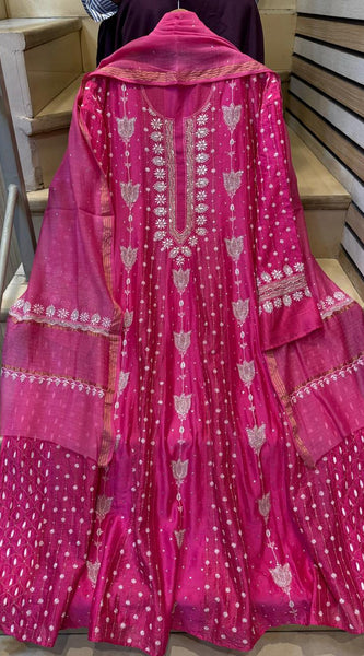 Pure Chanderi Anarkali Kurta Dupatta Set with Pearl, Sequin, Katdana & Kasab Work