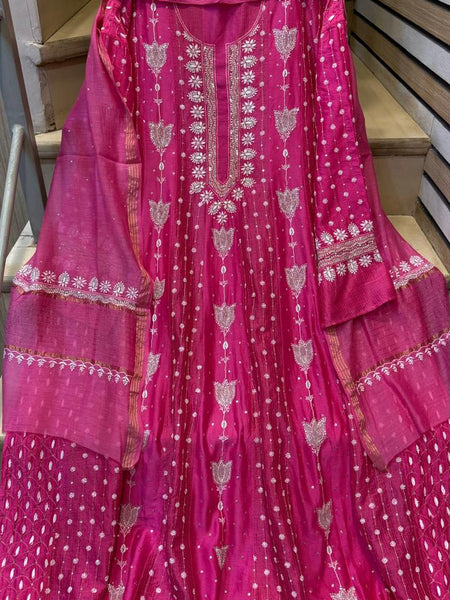 Pure Chanderi Anarkali Kurta Dupatta Set with Pearl, Sequin, Katdana & Kasab Work