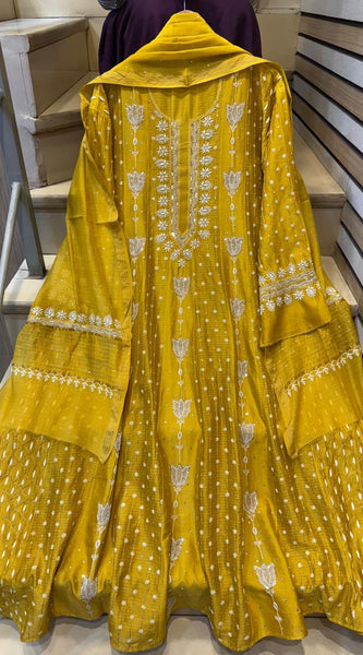 Pure Chanderi Anarkali Kurta Dupatta Set with Pearl, Sequin, Katdana & Kasab Work
