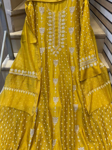 Pure Chanderi Anarkali Kurta Dupatta Set with Pearl, Sequin, Katdana & Kasab Work