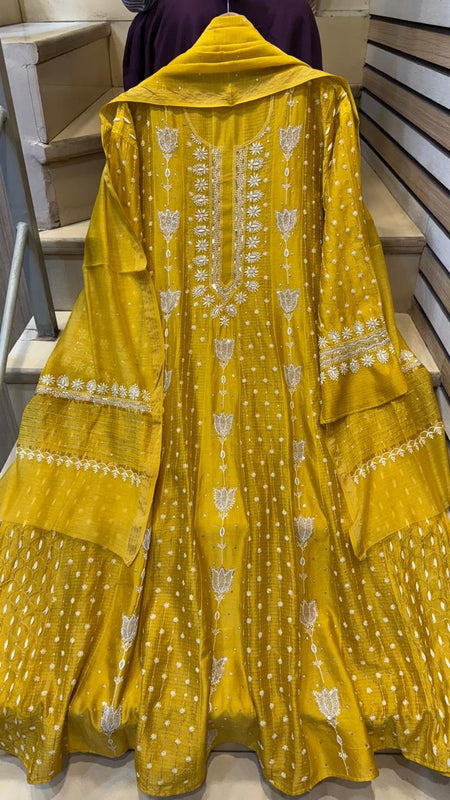Pure Chanderi Anarkali Kurta Dupatta Set with Pearl, Sequin, Katdana & Kasab Work