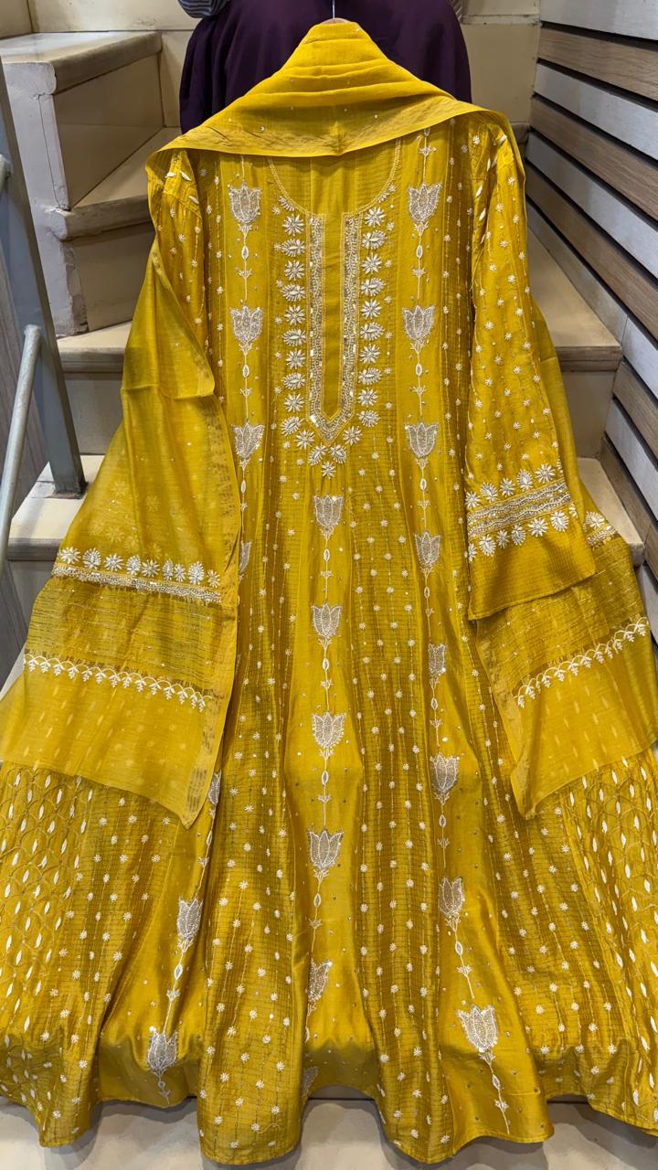 Pure Chanderi Anarkali Kurta Dupatta Set with Pearl, Sequin, Katdana & Kasab Work