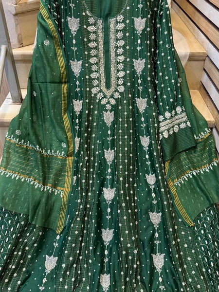 Pure Chanderi Anarkali Kurta Dupatta Set with Pearl, Sequin, Katdana & Kasab Work