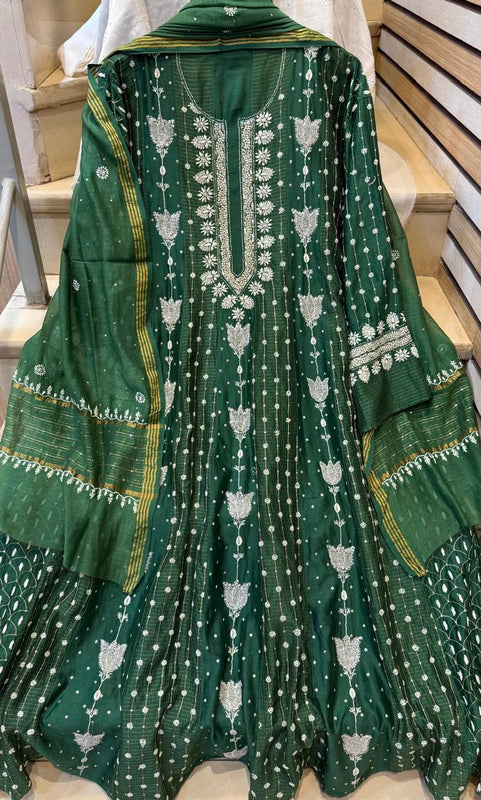 Pure Chanderi Anarkali Kurta Dupatta Set with Pearl, Sequin, Katdana & Kasab Work