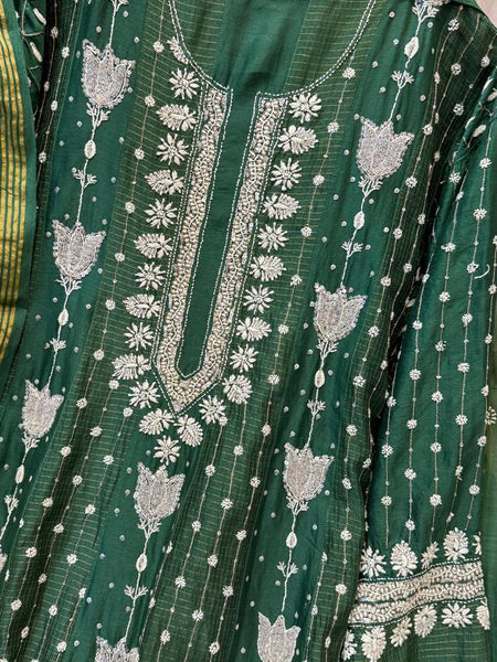 Pure Chanderi Anarkali Kurta Dupatta Set with Pearl, Sequin, Katdana & Kasab Work