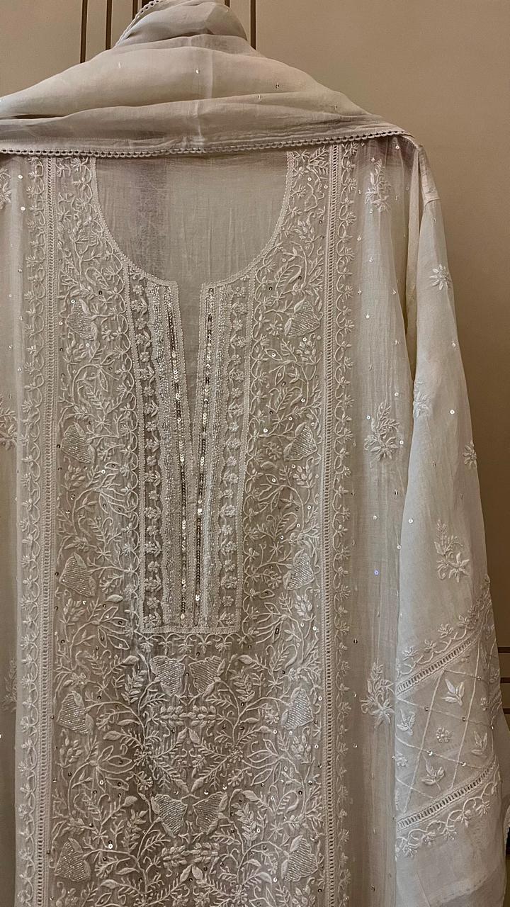 Dyeable Pure Mul Chanderi Kurta Dupatta Set with Pearl, Sequin & Katdana Embellishments