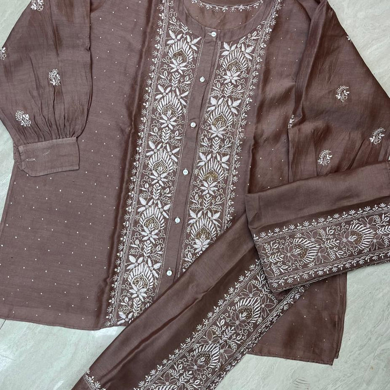 Chanderi Silk Semi-Stitched Coord Set with Elegant Mukaish Work
