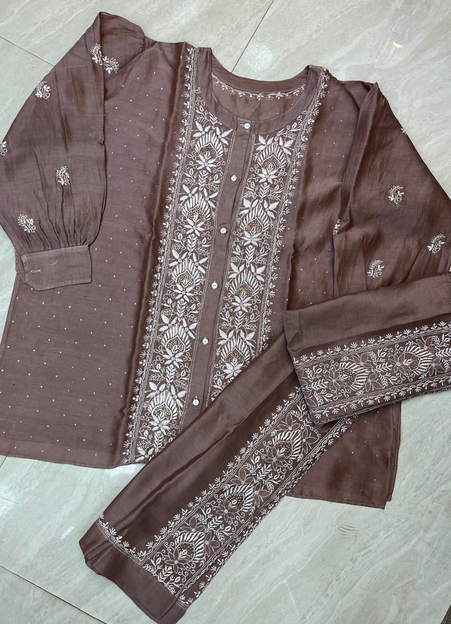 Chanderi Silk Semi-Stitched Coord Set with Elegant Mukaish Work
