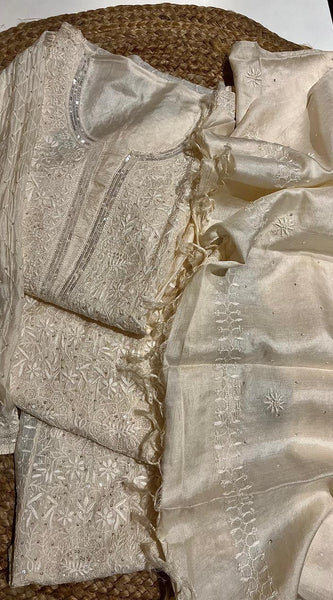 Dyeable Pure Silk Kurta Dupatta Set with Pearl, Sequin & Katdana Embellishments