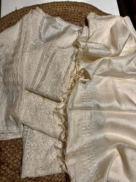 Dyeable Pure Silk Kurta Dupatta Set with Pearl, Sequin & Katdana Embellishments