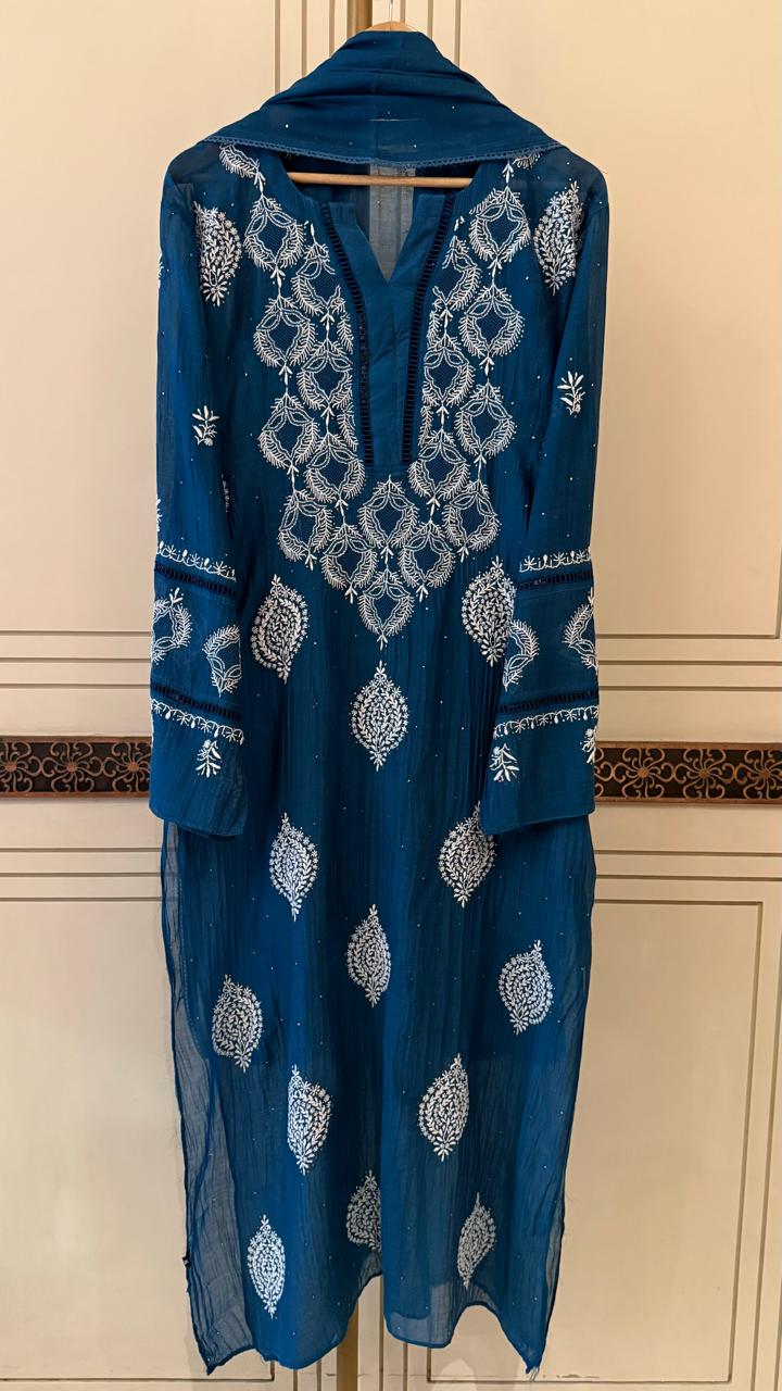 Mul Chanderi Kurta Dupatta Set with Intricate Mukaish Work