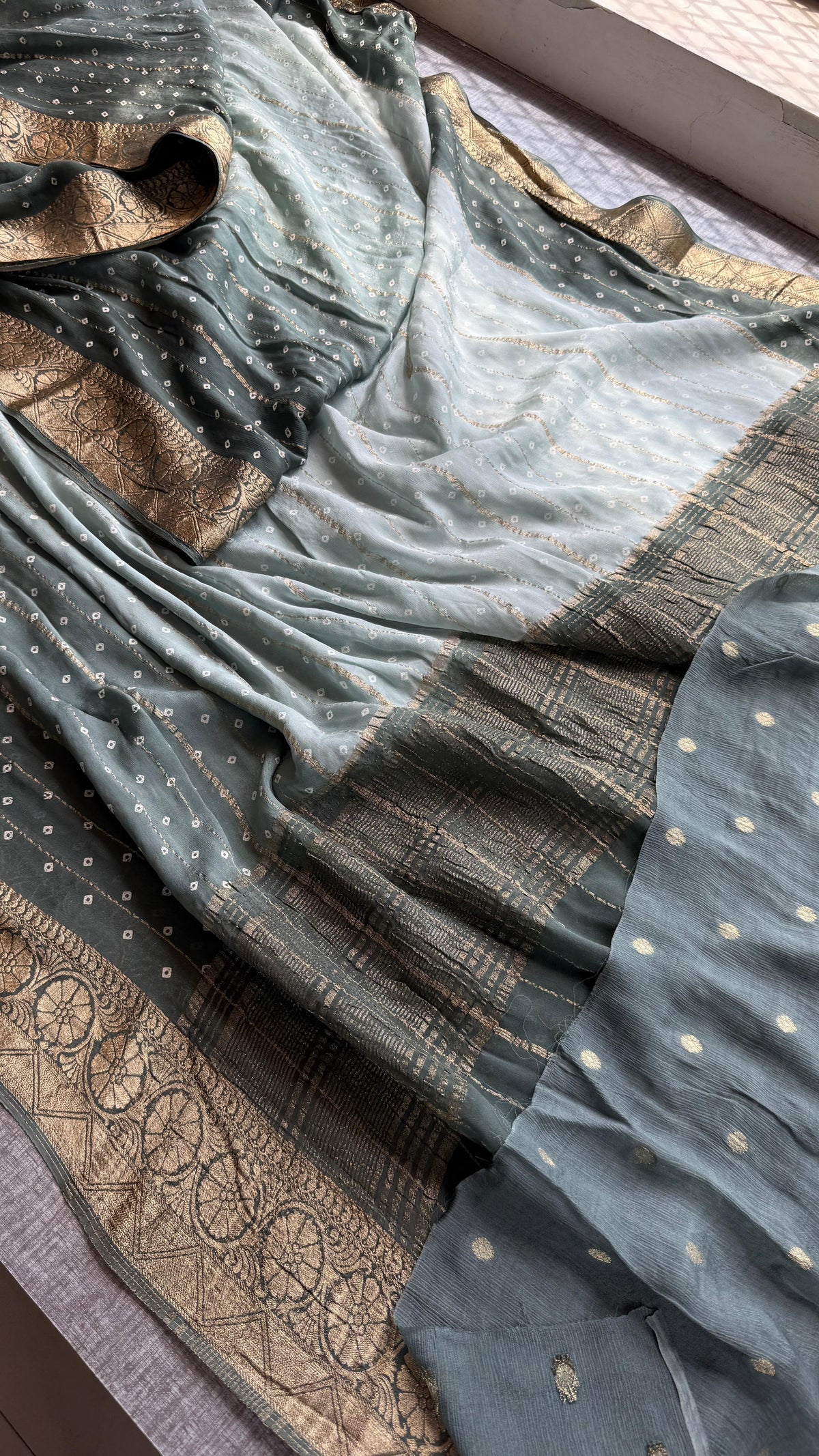 Chinon Crepe Banarasi Saree with Bandhani Print Design