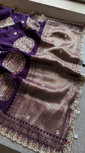 Munga Silk Saree with Zardozi, Pearl & Kutdana Embroidery