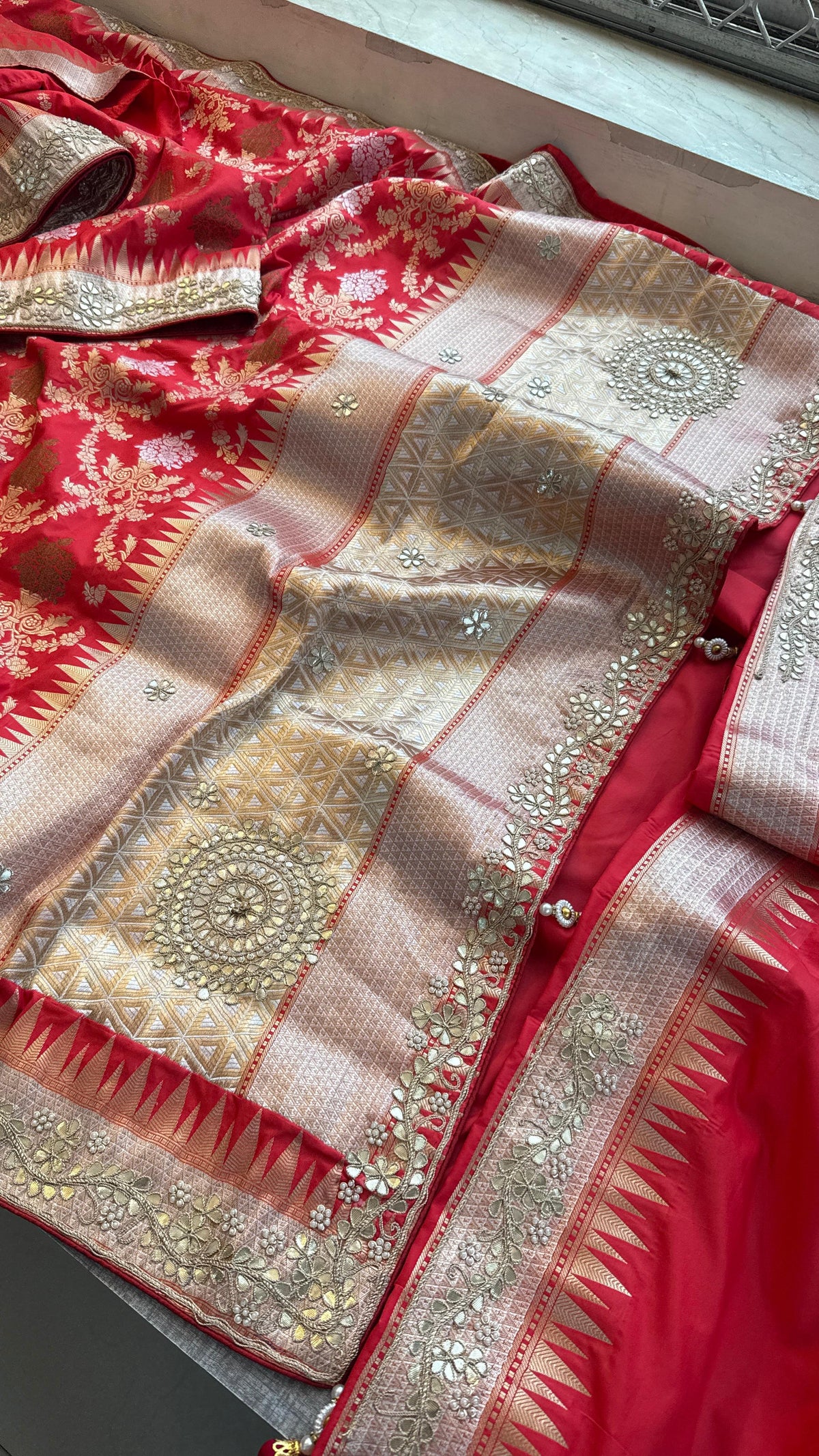 Pure Katan Silk Banarasi Saree with Zardozi, Sequins, Pearl &amp; Gotta Patti Hand Embroidery – Regal Red