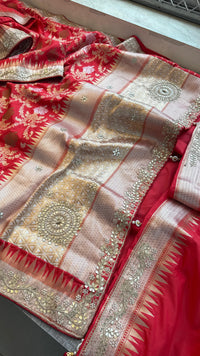 Pure Katan Silk Banarasi Saree with Zardozi, Sequins, Pearl &amp; Gotta Patti Hand Embroidery – Regal Red